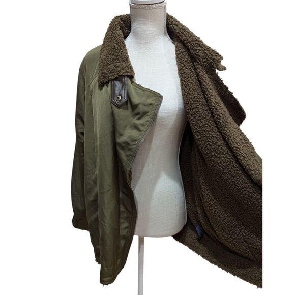 Anthropologie Joni Aviator Moto Jacket Olive Sherpa-lined Women's Size M Petite - Picture 11 of 16